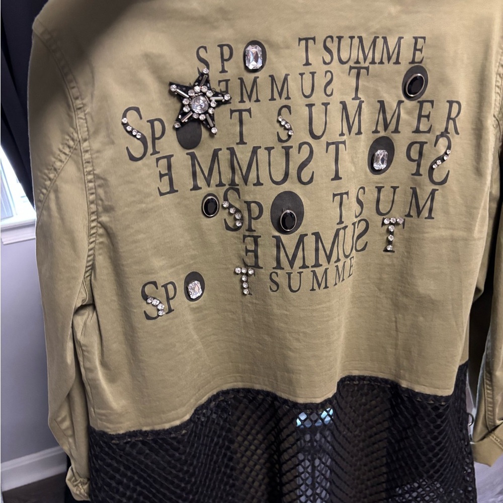 Embellished Khaki Utility Jacket with Mesh Detail